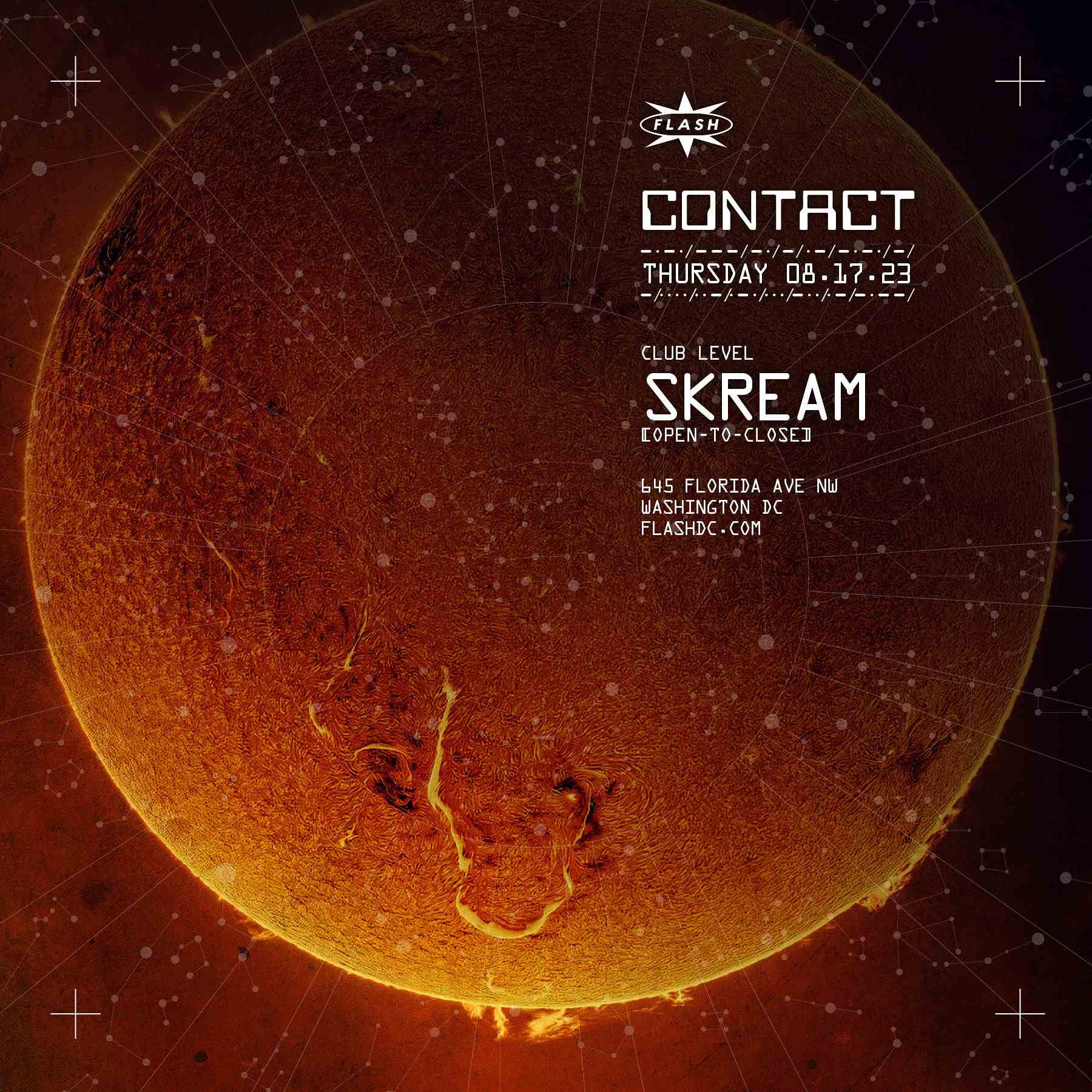CONTACT: Skream [open-to-close] event flyer