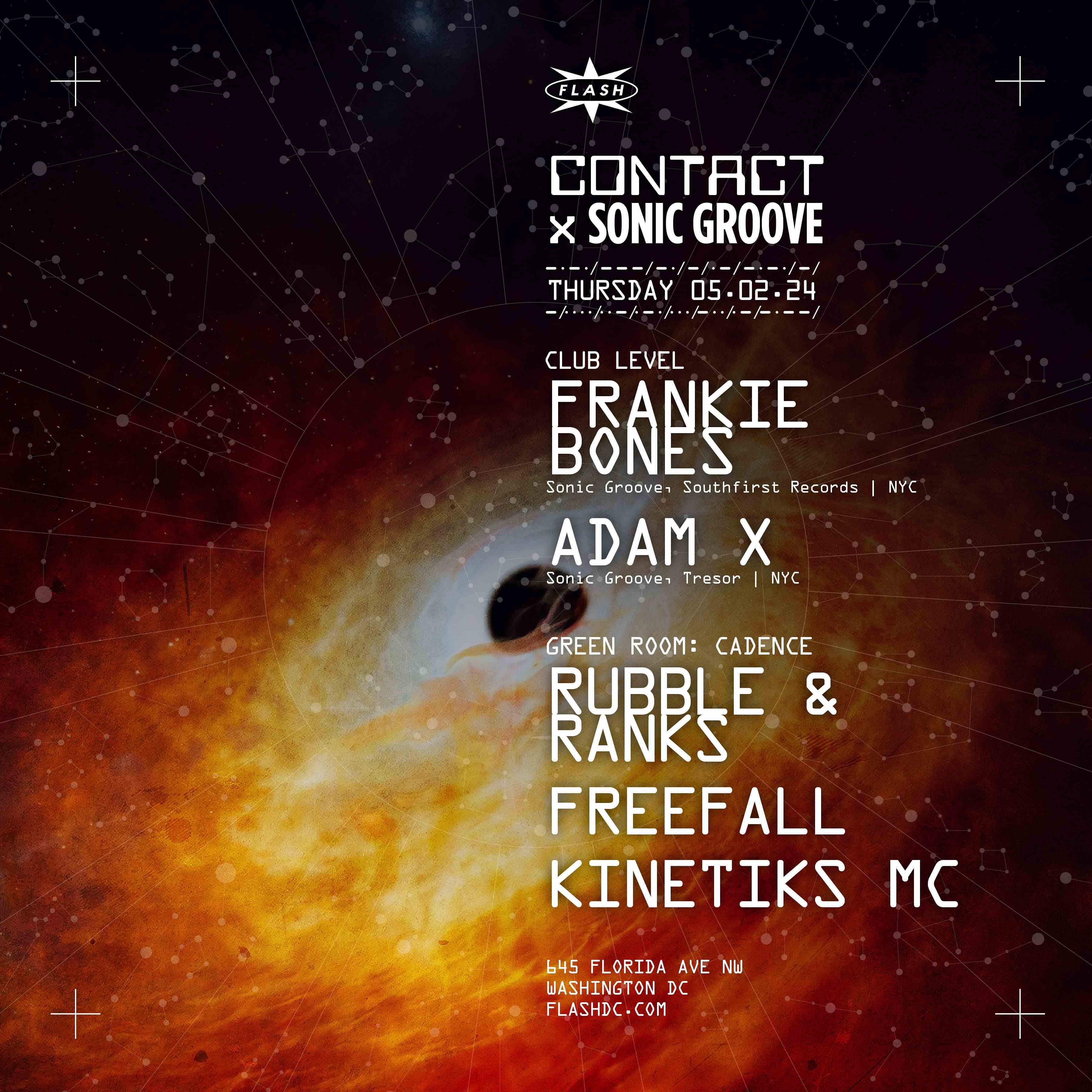 CONTACT x Sonic Groove: Frankie Bones - Adam X event flyer